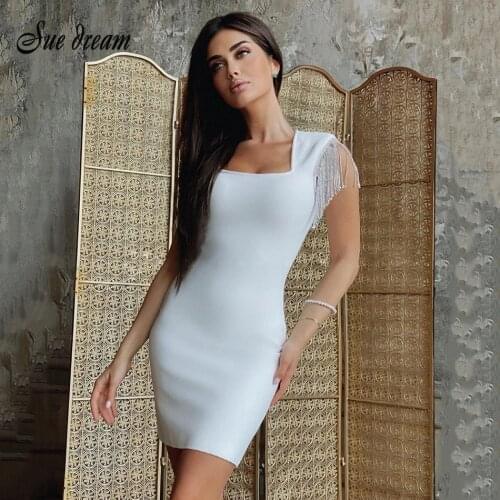 Sexy Tassel Diamond Crystal Black Bodycon Bandage Dress 2021 New Ladies Summer Fashion Ladies Elegant Evening Party Dress