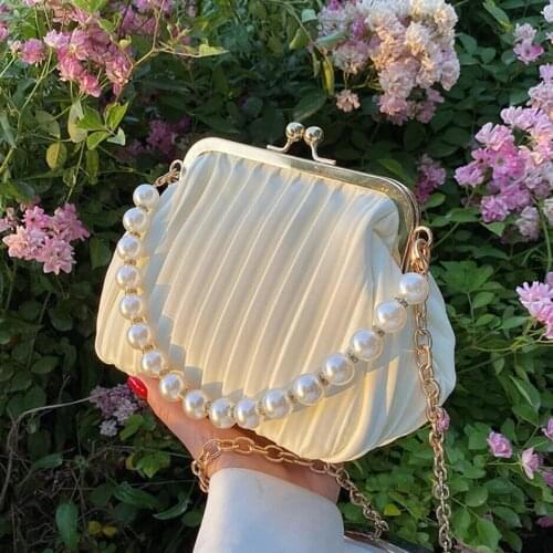 Pleated Shell bag Small Totes With Pearl Handle 2021 Summer New PU Leather Womens Designer Handbag Chain Shoulder Messenger Bag