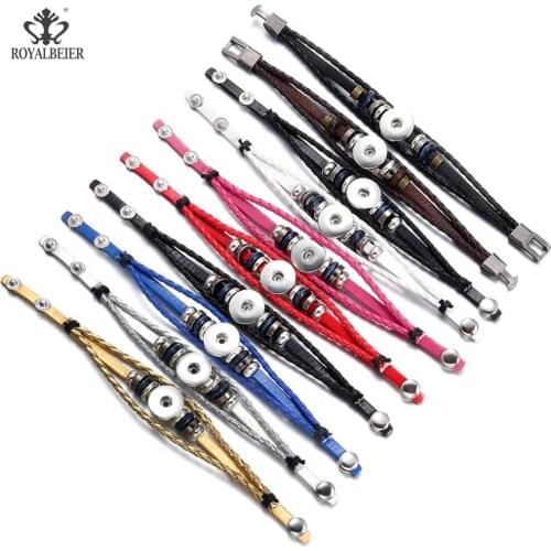 ROYALBEIER Hot Sale Mixed Color 10pcs/lot Leather Bracelet Bangle Jewelry 18mm Snap Button Bracelet For DIY Snap Button Jewelry