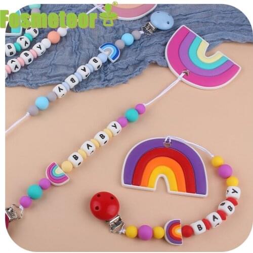 Fosmeteor Silicone Rainbow Teether Pacifier Chain Silicone Teether Baby Shower Gift Teething Necklace Silicone Beads BPA Free