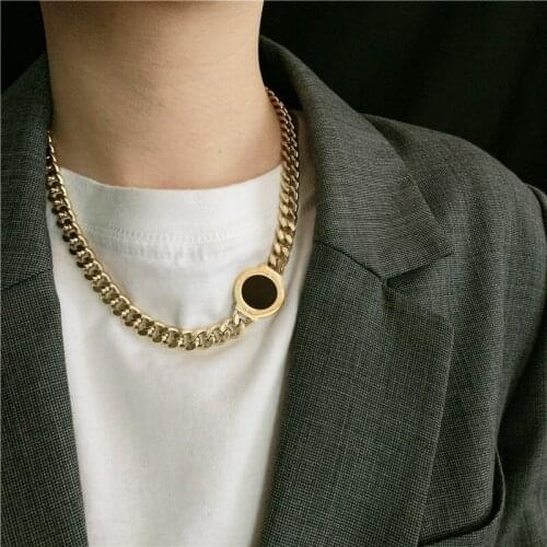 SRCOI Trendy Exaggerated Black Round Medal Geometric Thick Link Chain Collar Clavicle Punk Sweater Chain Women Party Jewelry