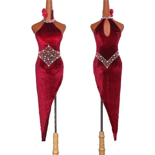 High Quality Latin Dance Dresses For Ladies Burgundy Elegant Oblique Skirt Women Ballroom Competition Dress Stage Costumes E003