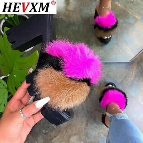 2021 Summer Women Sandals High Heels Plush Fur Slippers Vintage Peep Toe Square Heel Wedges Sandals Shoes For Women New