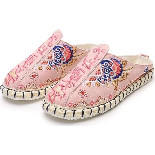 Vintage Totem Embroidery Ladies Soft Canvas Close Toe Shoes Handmade Summer Flat Mules Comfort Women Espadrilles Slipper