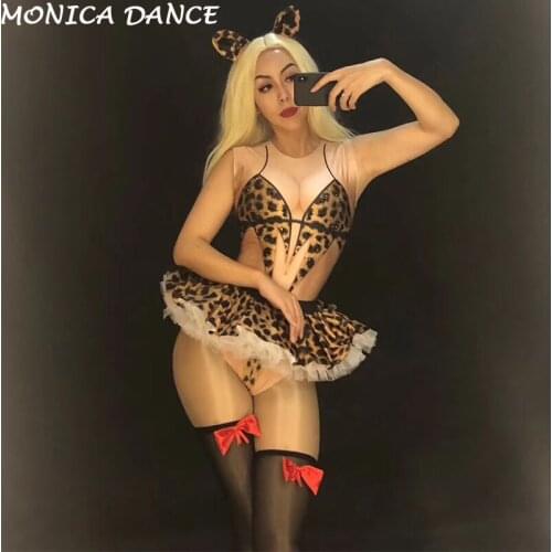 Women Sexy Stage Rhinestones DJDS Leopard Pattern Stage Costume Cosplay Party Female Celebrate Outfit for Singer Dance Costumes