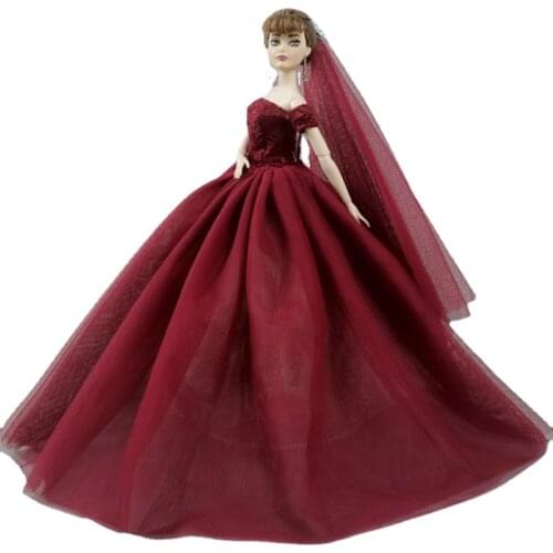 1/6 Dark Red Off Shoulder Wedding Dresses For Barbie Doll Clothes Princess Party Gown 11.5" Dollhouse Accessories Kids Toys Gift
