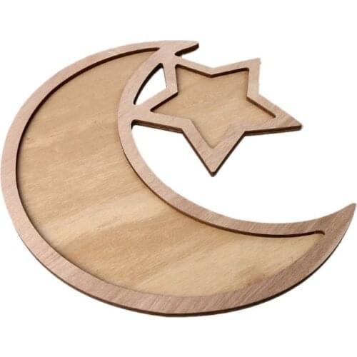 1Set Rustic Wooden Crescent Moon Srar Eid Ramadan Party Food Serving Tableware Dessert Pastry Tray Display Holder Festival Decor