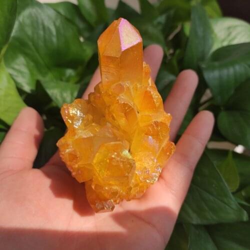 1pcs beautiful yellow flame aura quartz crystal cluster