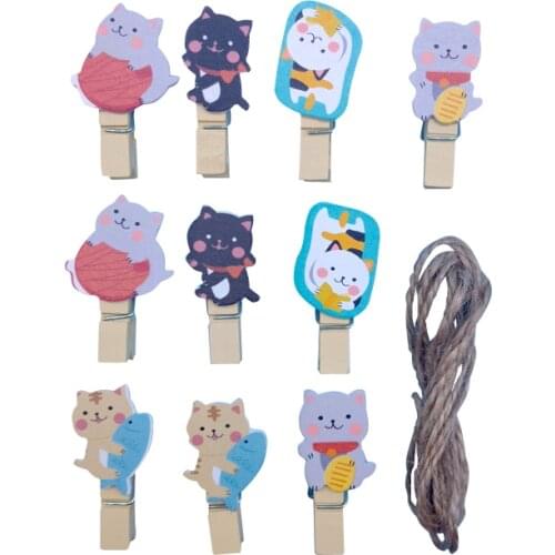 10pcs/lot Lovely Lucky Cat Creative Wooden Clips With Hemp Rope Mini Wooden Clips For Photo Clips Clothespin Craft Decoration