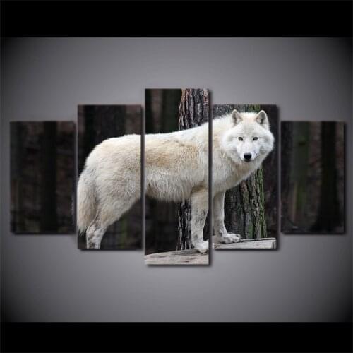 HD Printed Canvas Abstract Poster Frame Living Room Decor Wall Art Pictures 5 Pieces White Forest Wolf Staring Painting