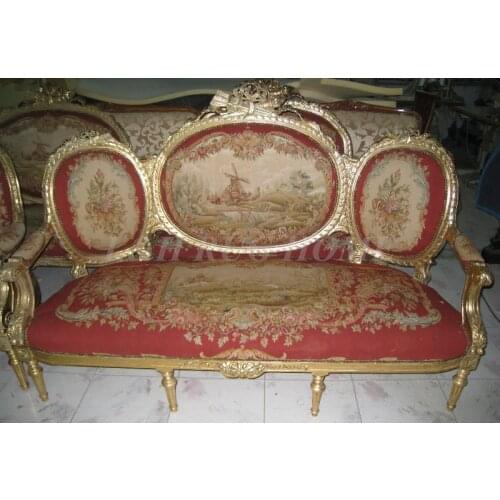 Antique Set of sofa and chairs, Antique handmade living room furniture, Aubusson sofa cover, woolen material Artificial carving