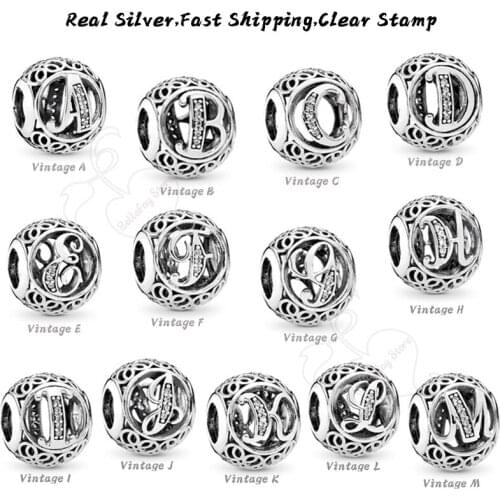Openwork Alphabet Round Beads Real 925 Sterling Silver Letter Charms Fit Original Bracelet DIY Jewelry Making