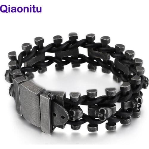 25MM Wide Punk Rock Vintage Skull Bracelet Men Leather Jewelry Stainless Steel Gothic Mens Biker Bracelets With Belt Buckle