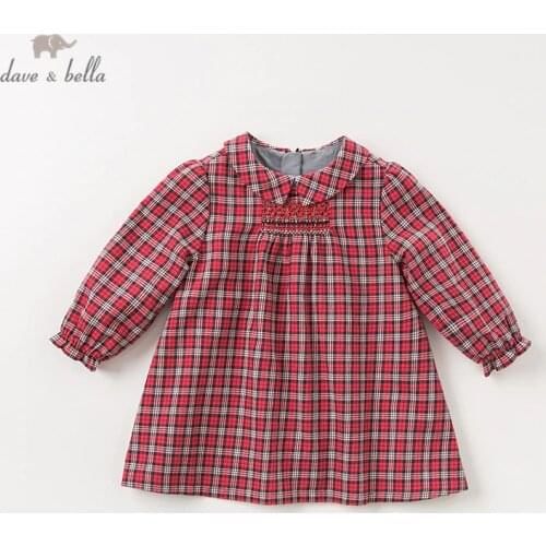 DB11763 dave bella autumn baby girls princess cute plaid dress children fashion party dress kids infant lolita clothes