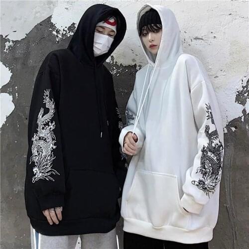 Womens Hooded Sweater Harajuku Dark Gothic Dragon Print Loose Plus Size Plus Velvet Hip-hop Sweatshirt Y2k Met Itself Cute Anim