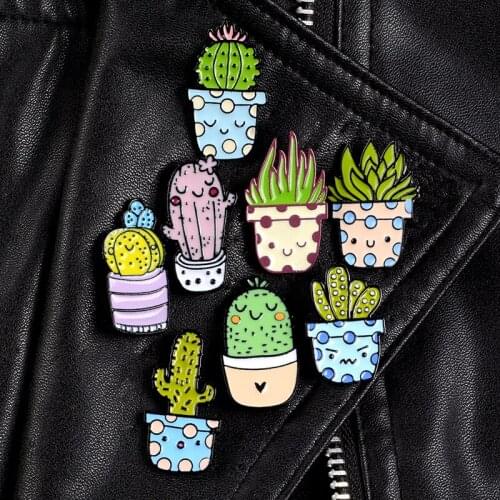 Cactus potted plant enamel pins Cute cartoon sweet Button brooches Jackets Shirt bag Lapel pins badges Jewelry gift for friends