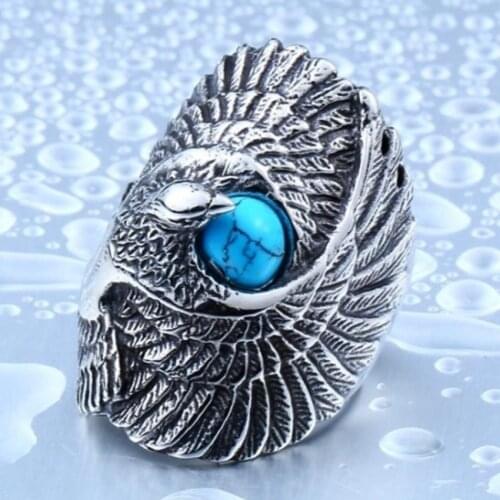 Antique Silver Plated Alloy Eagle Shape with Blue Turquoises Stone Bead Finger Ring for Gift Jewelry