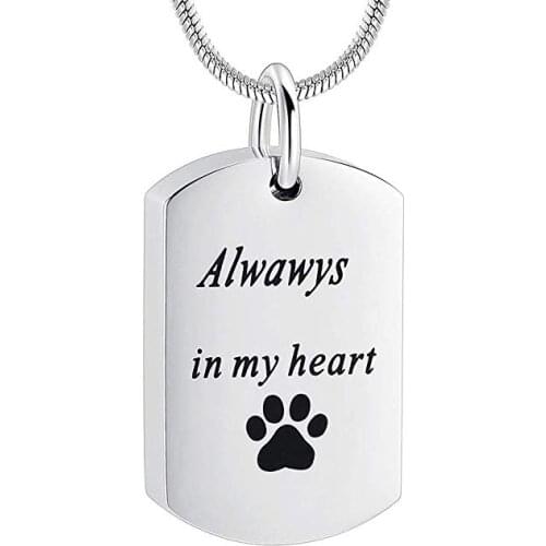 LL003 Dog/Cat Paw Print Always In My Heart Urn Necklace Stainless Steel Dog Tag Cremation jewelry For Ashes For Pet Memorial