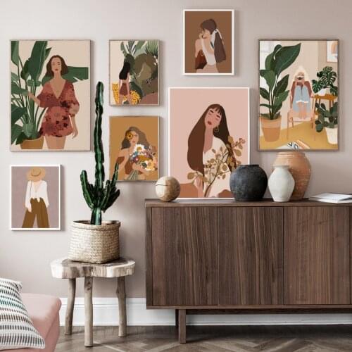 Wall Art Canvas Painting Boho Lady Leopard Cactus Plants Flowers Nordic Posters And Prints Wall Pictures For Living Room Decor