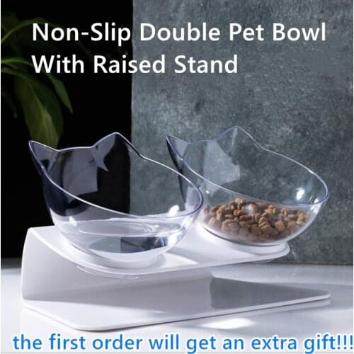 Non-Slip Double Cat Bowl Dog Bowl With Raised Stand Pet Food Water Bowls Pet Feeding Watering Supplies Protect Cervical Vertebra