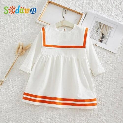 Sodawn New Autumn Big Lapel Cute Girl Casual Dress Long-Sleeved Striped Toddler Kid Princess Dress 3-7Y