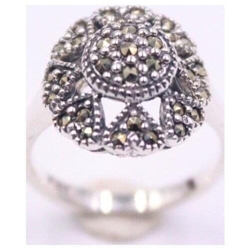 New Pure 925 Sterling Silver Ring Width 15mm Round Marcasite Pattern Small Loving Heart Flower For Woman US Size 5-10