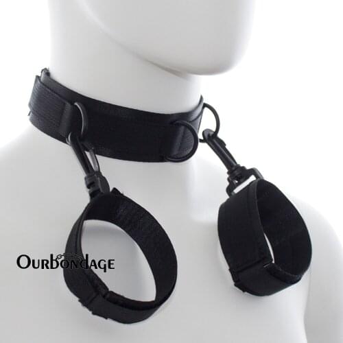 Ourbondage Nylon Harness Adjustable Bondage Restraints Handcuffs with Collar Armbinder For Adult Sex Toy