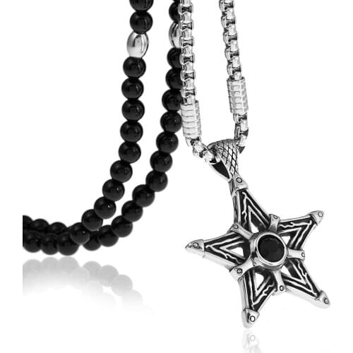 Star Wiccan Witch Magical Power Pentacle Pentagram Stainless Steel Pendant Necklace with Black Natural Stone Chain 26"