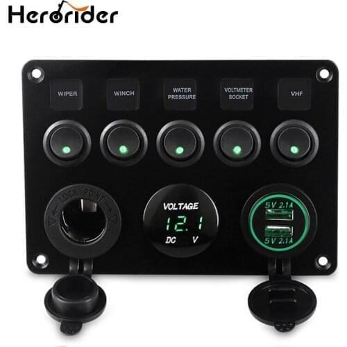 5 Gang ON-OFF Toggle Switch Panel 4.2A Dual USB Socket Charger LED Voltmeter Cigarette Lighter 12V Car Marine Boat Switch Panel