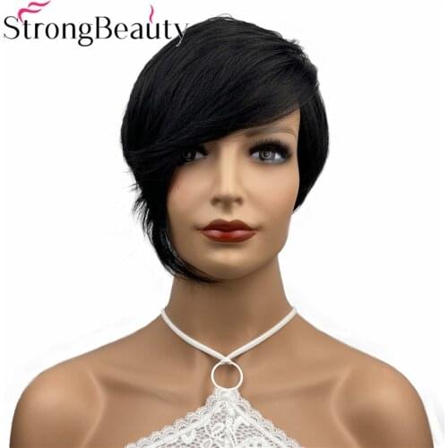 StrongBeauty Short Straight Wig With Inclined Bangs Smart Hair Styles Young Women Girl Synthetic Natural Wigs