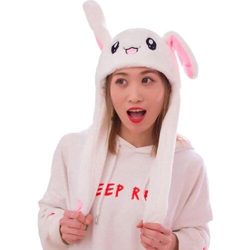 Rabbit Hat Ear Moving Jumping Hat Funny Bunny Plush Hat Cap for Women Girls, Cosplay Christmas Party Holiday Hat (White)
