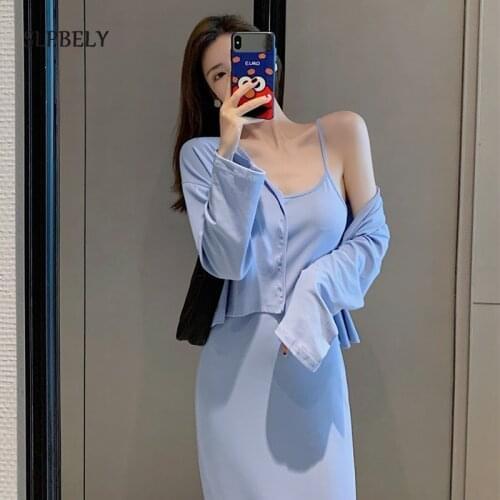 SLPBELY Two Piece Suit Set For Women Spring Autunm Casual Lady Solid Elegant Coat+Sling Long Dress Sexy 2pc Sling Dress Suit New