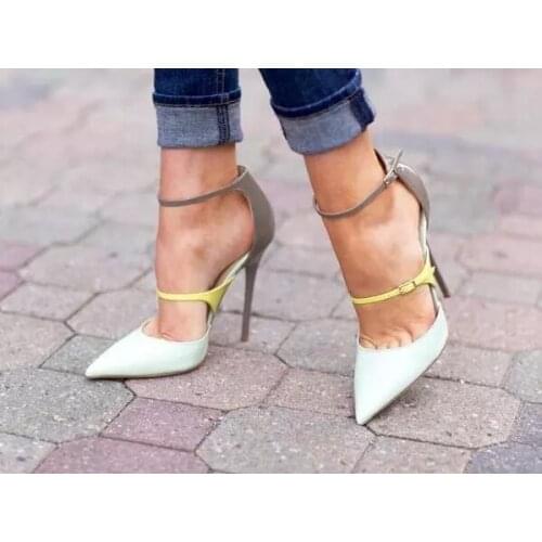 Neon Ankle Buckle Patent Leather Patchwork Ladies Sexy High Heels Spring Fashion White Leather Women Pumps Elegant Party Shoes