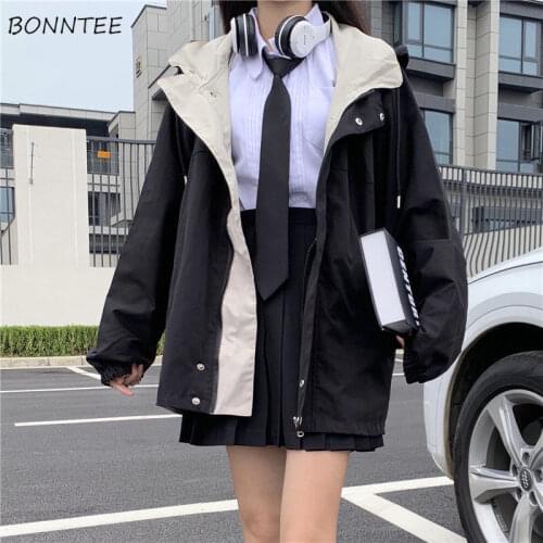 Harajuku Jackets Women Patchwork Oversize Loose Casual Coats Hooded Bf Korean Style Fake Two Piece Chic Preppy Students Daily