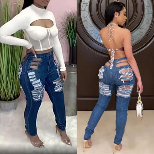 2021 New Jeans For Women Stretch Ripped Navy Blue Skinny Denim Jean Pants Strechy Trendy Trouser Vaqueros Rotos Fashion 3Xl S