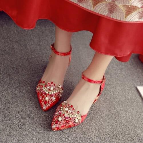 Chunky Heel Wedding Shoes Women 2020 New Crystal Shoes Summer Pregnant Bridal Shoes Red Crystal High Heel Chinese Shoes