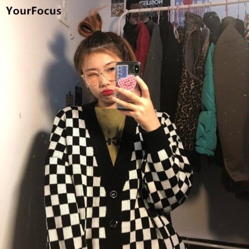 Robe Pull Femme Harajuku Kpop Korean Black And White Checkerboard Cardigan Knitted Sweater Women Loose Sweaters Pull Femme Hiver