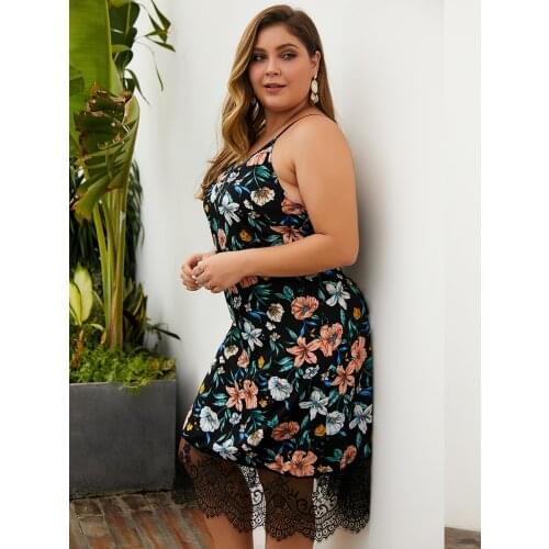 Summer Floral Dress For Women Plus Size Lace Mesh Patchwork Sleeveless Print Pattern Black Sexy Backless V-Neck A-Line Skirt