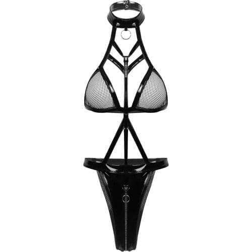 Women Sexy Lingerie Bodysuit Wet Look Patent Leather Clubwear Halter Neck Fishnet Crotch High Cut Thong Leotard Sexy Nightwear