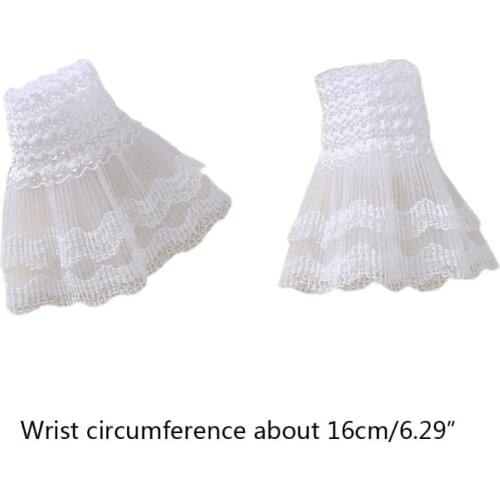 1 Pair Women Girls Fake Flared Sleeves Layered Lace Pleated Ruched False Cuffs Y1QD