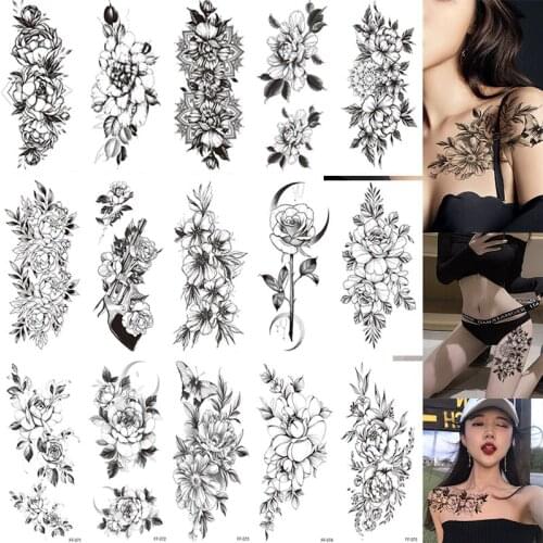 Wholesale 100Pcs Black Cool Flower Art Body Waterproof Temporary Tattoos Women Beauty Sexy Rose Design Flash Fake Tattoo Sticker
