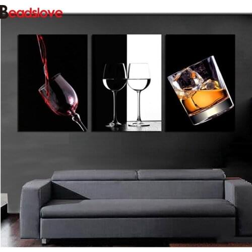 DIY Diamond Painting Cross Stitch Square round Diamond Embroidery 3 Pieces Ice Red Wine Cup Bottle For Bar Kitchen Room Decor