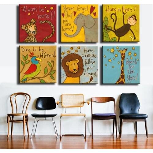 Free shipping Canvas painting Oil Painting 6 pieces/set Modern cartoon animals wall pictures kids room wall decor No Frame