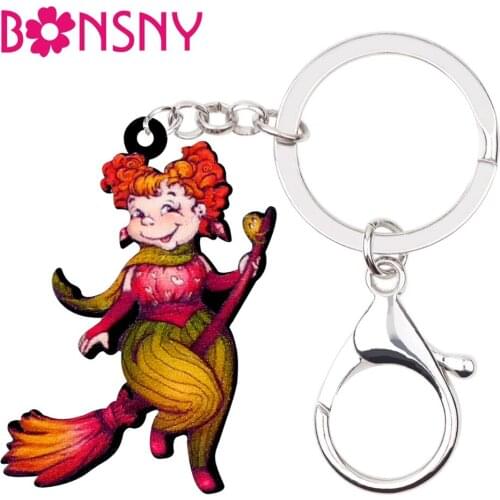 Bonsny Acrylic Halloween Happy Witch Broomstick Key Chain Keychain Ring Cartoon Jewelry For Women Girls Bag Car Charms Wholesale