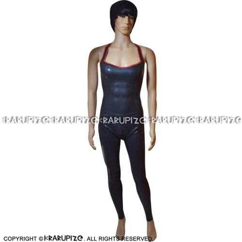 Black And Red Halter Sexy Latex Catsuit With Back To Front Crotch Zipper Rubber Bodysuit Zentai Overall Body Suit LTY-0235