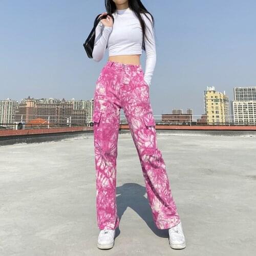 Tie Dye Print Pocket High Waist Women Y2k Jeans New Baggy Jeans Joggers Female Streetwear Vintage Aesthetic Straight Denim Pants