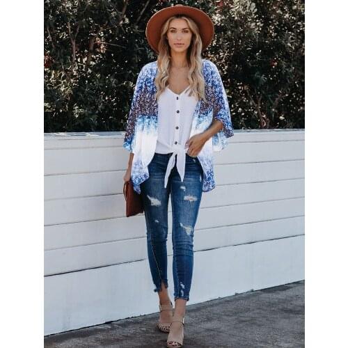 Gradient Blue Cardigan Chiffon Kimono Summer Tie Dye Ocean Design Wheat Pattern Bohemia Casual Women Trend Short Light Coat