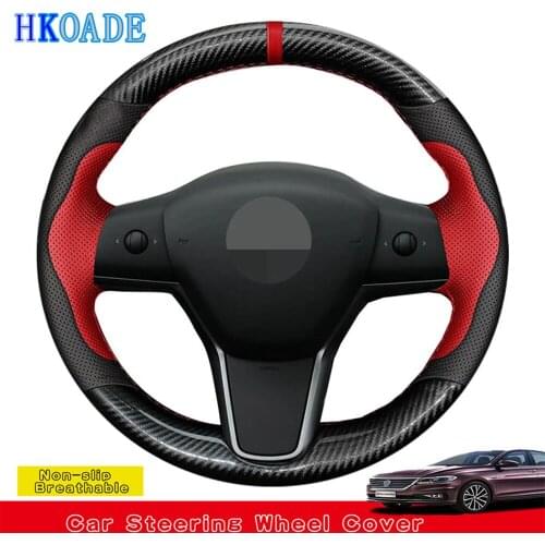Car Products DIY Hand-stitched Black Genuine Leather Car Accessories Steering Wheel Cover For Tesla model 3 2017-2021