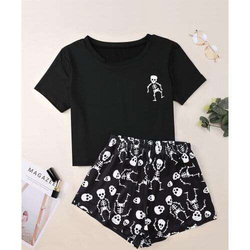 Personality Lady Cartoon Skull Villain Print Short Sleeve T Shirts & Shorts Pajama Set Summer Comfortable Sleepwear Home Suits