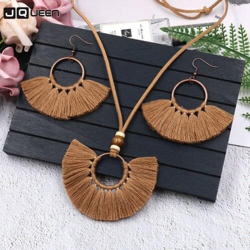 Best Selling Tassels Necklace Earrings Suit Handmade Weave Multi-storey Cloth Long Chain Pendant Necklace Womens Jewelry Set